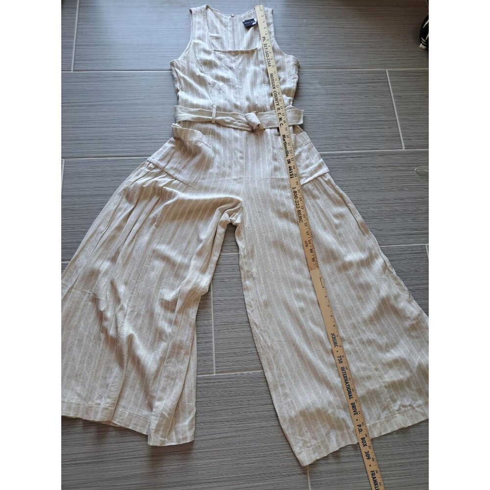 Maison Tara Beige Wide Leg Linen Bld Jumpsuit Belt Size 8 Sleeveless Striped - Picture 9 of 12